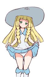 Rule 34 | 1girl, blonde hair, boots, braid, closed mouth, clothes lift, creatures (company), dress, dress lift, game freak, green eyes, hat, highres, iharvie, legs, lifting own clothes, lillie (pokemon), long hair, nintendo, panties, pokemon, pokemon sm, presenting, side braid, simple background, sleeveless, sleeveless dress, solo, standing, sun hat, twin braids, underwear, white background, white dress, white hat, white panties