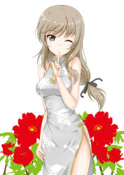 Rule 34 | 1girl, brown eyes, china dress, chinese clothes, dress, finger to mouth, flipper, flower, girls und panzer, hair ribbon, index finger raised, light brown hair, long hair, one eye closed, plant, ribbon, shimada chiyo, shushing, thighs, white background