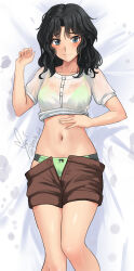 Rule 34 | 1girl, absurdres, amagami, bed sheet, black hair, blue eyes, blush, bow, bow panties, bra, bra visible through clothes, brown shorts, closed mouth, clothes lift, clothes pull, collarbone, curly hair, from above, green bra, green panties, hand on own stomach, hand up, highres, lifting own clothes, looking at viewer, lying, messy hair, navel, on back, panties, see-through, see-through shirt, shirt, shirt lift, shorts, shorts pull, signature, solo, tanamachi kaoru, twitter username, underwear, wavy hair, wet, wet clothes, wet hair, wet shirt, white shirt, yoo tenchi