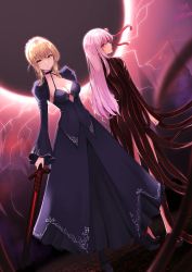 Rule 34 | 2girls, absurdres, artoria pendragon (all), artoria pendragon (fate), ass, black choker, black dress, black footwear, blonde hair, braid, breasts, choker, cleavage, collarbone, commentary request, dark persona, dark sakura, dated, dress, excalibur (fate/stay night), excalibur morgan (fate), fate/grand order, fate/stay night, fate (series), hair ribbon, highres, holding, holding sword, holding weapon, long hair, looking at viewer, matou sakura, medium breasts, medium hair, multiple girls, red dress, red eyes, ribbon, saber alter, shiina aoi, shoes, sword, two-tone dress, weapon, white hair, yellow eyes