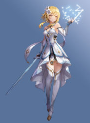 Rule 34 | 1girl, armpits, bare shoulders, black gloves, blonde hair, blue background, boots, breasts, bridal gauntlets, constellation, detached sleeves, dress, fingerless gloves, flower, full body, genshin impact, gloves, gold trim, gradient background, grey sleeves, hair flower, hair ornament, highres, holding, holding sword, holding weapon, lumine (genshin impact), lunacle, medium breasts, revision, shin guards, short hair, short hair with long locks, sidelocks, sleeveless, sleeveless dress, smile, solo, standing, sword, thigh boots, thighhighs, vambraces, weapon, white dress, white flower, white footwear, yellow eyes