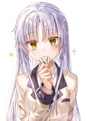 Rule 34 | 1girl, absurdres, angel beats!, blazer, covered mouth, grey hair, highres, holding ticket, jacket, long hair, looking at viewer, school uniform, solo, tenshi (angel beats!), white hair, yellow eyes, zuzuhashi