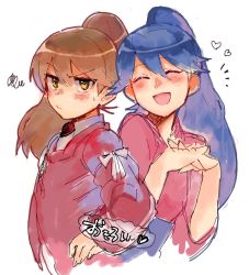 Rule 34 | 10s, 2girls, :d, alternate hairstyle, blue hair, blush, brown eyes, brown hair, closed eyes, commentary request, hair between eyes, hand on own hip, heart, houshou (kancolle), interlocked fingers, japanese clothes, kantai collection, kariginu, kimono, long sleeves, magatama, multiple girls, open mouth, pink kimono, ponytail, ribbon-trimmed sleeves, ribbon trim, ryuujou (kancolle), simple background, smile, squiggle, sweatdrop, swept bangs, tamawo (mu gi2), upper body, white background