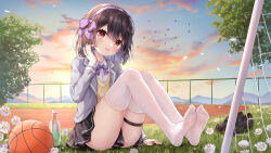 Rule 34 | 1girl, anklet, baseball (object), bird, black skirt, bottle, brown hair, cloud, feet, fence, flat chest, flower, grey jacket, highres, jacket, jewelry, looking at viewer, mountainous horizon, no shoes, open mouth, original, outdoors, petals, purple ribbon, red eyes, ribbon, running track, school uniform, shirt, short hair, sitting, skirt, soles, sunset, thighhighs, thighs, tree, white shirt, yellow shirt, yutian alice