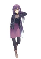 Rule 34 | 1girl, absurdres, adjusting hair, black jacket, black pantyhose, boots, cross-laced footwear, dark persona, date a live, expressionless, hair between eyes, highres, jacket, kyoraku (weng3133), lace-up boots, long hair, looking at viewer, pantyhose, parted lips, purple skirt, simple background, skirt, solo, very long hair, white background, yatogami tooka