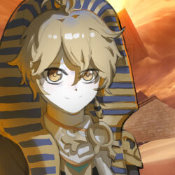 Rule 34 | 1boy, absurdres, aether (genshin impact), ahoge, ancient egyptian clothes, blonde hair, closed mouth, commentary, english commentary, eyes visible through hair, genshin impact, hair between eyes, highres, looking at viewer, male focus, meme, nemes, orange sky, outdoors, pacpoi, pharaoh, pyramid (structure), scarf, short hair, sky, smile, solo, upper body, white pharaoh (meme), white scarf, yellow eyes