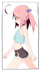 Rule 34 | 1girl, absurdres, ahoge, choker, dolphin shorts, eds, expressionless, female focus, flat chest, hair bobbles, hair ornament, highres, matching hair/eyes, original, pink eyes, pink hair, profile, short eyebrows, short shorts, shorts, solo, twintails, walking, white background