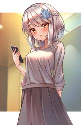Rule 34 | 1girl, arm behind back, blue flower, blurry, blurry background, blush, braid, breasts, brown eyes, brown skirt, casual, cellphone, collarbone, commentary, cowboy shot, flower, hair flower, hair ornament, hand up, highres, holding, holding phone, indie virtual youtuber, kaptivate, lilybelle hoshino, long skirt, long sleeves, looking at viewer, medium breasts, open mouth, phone, pleated skirt, shirt, short hair, skirt, smartphone, solo, virtual youtuber
