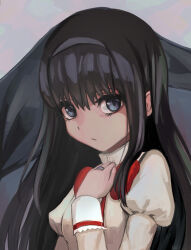 Rule 34 | 1girl, akemi homura, black hair, blue eyes, bow, dress, looking at viewer, mahou shoujo madoka magica, nacky0610, red bow, simple background, solo focus, white dress