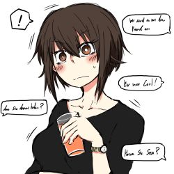 Rule 34 | !, 1girl, aged up, black shirt, blush, brown eyes, brown hair, casual, closed mouth, commentary, cup, drinking glass, frown, german text, girls und panzer, holding, holding cup, looking at viewer, motion lines, nishizumi maho, noumen, shirt, short hair, short sleeves, simple background, solo, spoken exclamation mark, translated, upper body, watch, white background, wristwatch