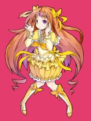 Rule 34 | 10s, 1girl, boots, bow, brown hair, bubble skirt, cure muse, cure muse (yellow), full body, hair bow, hair ribbon, heart, ishimu, long hair, looking at viewer, magical girl, pink background, pink eyes, precure, ribbon, shirabe ako, simple background, skirt, solo, suite precure, tiara, very long hair, yellow bow
