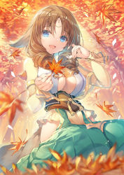 Rule 34 | 1girl, ainu clothes, animal ears, aquaplus, autumn, autumn leaves, blue eyes, branch, breasts, brown hair, cherry blossoms, cleavage, cleavage cutout, clothing cutout, curly hair, dress, falling leaves, fingernails, from below, fumirul, gradient eyes, green hakama, hair between eyes, hair ornament, hair over breasts, hakama, hakama pants, highres, hip vent, holding, holding leaf, japanese clothes, jewelry, large breasts, leaf, long hair, looking at viewer, miwabe sakura, multicolored eyes, official art, open mouth, outdoors, pants, parted bangs, petals, raised eyebrows, sitting, solo, tail, tree, underboob, utawarerumono, utawarerumono: futari no hakuoro, utawarerumono: lost flag, utawarerumono: lost flag support illustration relay, wariza
