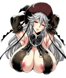 Rule 34 | 10s, 1girl, areola slip, armpits, arms up, blush, breasts, cleavage, commentary request, elbow gloves, gloves, granblue fantasy, half-closed eyes, hat, head tilt, huge breasts, lips, long hair, magisa (granblue fantasy), musashino sekai, parted lips, silver hair, simple background, solo, upper body, white background, witch hat