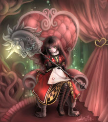 Rule 34 | 1girl, absurdres, alice: madness returns, alice (alice in wonderland), alice in wonderland, alice liddell (american mcgee&#039;s alice), american mcgee&#039;s alice, american mcgee's alice, apron, black hair, boots, curtains, dress, gloves, green eyes, highres, keluy, long hair, pantyhose, sitting, solo, striped clothes, striped pantyhose, throne, unicorn, venus symbol, weapon