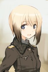 Rule 34 | 1girl, blonde hair, blue eyes, commentary, erica hartmann, military, military uniform, multicolored hair, aged up, shimada fumikane, short hair, smile, solo, strike witches, two-tone hair, uniform, upper body, world witches series