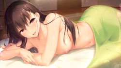 Rule 34 | 1girl, :d, blush, boku no mirai wa koi to kakin to, breasts, brown hair, collarbone, completely nude, futon, game cg, hair between eyes, highres, indoors, large breasts, lens flare, long hair, lying, navel, nipples, nironiro, nude, on stomach, open mouth, red eyes, smile, solo, straight hair, under covers, very long hair, wataya azusa