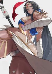 Rule 34 | 1girl, arm wrap, armlet, armor, ass, back, bandaged arm, bandages, black hair, blue armor, bracelet, breasts, circlet, dark-skinned female, dark skin, facial mark, fate/grand order, fate (series), feathers, forehead jewel, green eyes, hat, highres, jewelry, large breasts, long hair, looking back, parted bangs, parted lips, pauldrons, pelvic curtain, scheherazade (fate), scroll, shoulder armor, simple background, solo, staff, thighs, yoshio (55level)