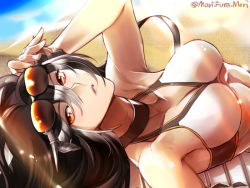 Rule 34 | 10s, 1girl, adapted costume, armpits, bare arms, bare shoulders, bikini, bikini top only, black hair, breasts, cleavage, collarbone, hair between eyes, halterneck, kantai collection, large breasts, looking at viewer, lying, midriff, nagato (kancolle), navel, on back, orange eyes, parted lips, primary stage, solo, sunglasses, swimsuit