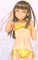 Rule 34 | 1girl, bikini, brown hair, commentary, commentary request, cowboy shot, english commentary, flat chest, frilled bikini, frills, highres, long hair, looking at viewer, mixed-language commentary, navel, one-piece tan, original, parted lips, side-tie bikini bottom, simple background, smile, solo, swimsuit, tan, tanline, uzuki mei, white background, yellow bikini, yellow eyes