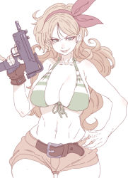 Rule 34 | 1girl, bare shoulders, belt, belt buckle, bikini, bikini top only, blonde hair, bow, breasts, brown gloves, buckle, collarbone, cowboy shot, curly hair, dragon ball, fingerless gloves, front-tie bikini top, front-tie top, gloves, green eyes, gun, hair bow, hairband, hand on own hip, hand up, highres, holding, holding gun, holding weapon, large breasts, long hair, looking at viewer, lunch (bad) (dragon ball), lunch (dragon ball), mac-10/11, navel, red bow, ribbon, short shorts, shorts, simple background, smile, smirk, solo, submachine gun, swimsuit, tasaka shinnosuke, thigh gap, trigger discipline, weapon, white background