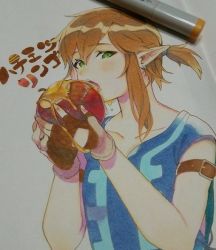 Rule 34 | 1boy, apple, armband, bad id, bad twitter id, blonde hair, blush, collarbone, earrings, eating, eyelashes, fingerless gloves, food, fruit, gloves, green eyes, hair tie, holding, holding food, honey, jewelry, link, looking at viewer, male focus, marker, marker (medium), nintendo, open mouth, photo (medium), pointy ears, roda (roda826), shirt, short ponytail, short sleeves, solo, teeth, the legend of zelda, the legend of zelda: breath of the wild, traditional media, tunic, upper body