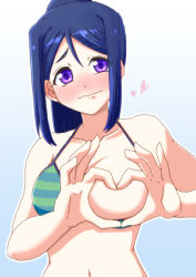 Rule 34 | 10s, 1girl, bikini, blue hair, blush, breasts, closed mouth, convenient censoring, covering one breast, covering privates, gradient background, heart, heart hands, htsr, large breasts, long hair, love live!, love live! sunshine!!, matsuura kanan, navel, ponytail, purple eyes, simple background, solo, standing, striped bikini, striped clothes, swimsuit, upper body, wavy mouth