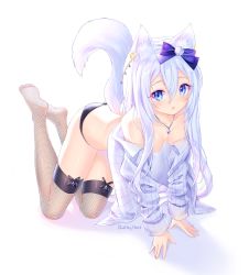 Rule 34 | 1girl, all fours, animal ear fluff, animal ears, bad id, bad pixiv id, bare shoulders, bell, black panties, blue eyes, blush, bow, breasts, cat ears, cat tail, collarbone, collared shirt, dress shirt, fishnet thighhighs, fishnets, hair bell, hair between eyes, hair bow, hair ornament, jewelry, jingle bell, long hair, looking at viewer, medium breasts, nami (nyaa), no shoes, open clothes, open shirt, original, panties, parted lips, pendant, purple bow, ribbed shirt, shadow, shirt, soles, solo, tail, tail raised, thighhighs, underwear, very long hair, white background, white hair, white shirt