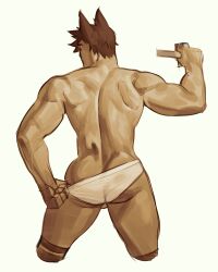 Rule 34 | 1boy, absurdres, ass, ass peek, back, bara, briefs, cropped legs, from behind, highres, league of legends, male focus, male underwear, muscular, muscular male, pointing, pointing at self, pulled by self, red hair, see-through, sett (league of legends), short hair, solo, standing, thick eyebrows, thighs, underwear, unfinished, uza (hellme), wet, wet clothes, wet male underwear, white male underwear