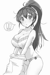 Rule 34 | !, !!, 1girl, ahoge, blush, bra, breasts, cleavage, commentary request, cowboy shot, covered erect nipples, greyscale, high ponytail, huge breasts, lace, lace bra, lace panties, long hair, looking at another, monochrome, nana (manaita koumuten), panties, solo, speech bubble, spoken exclamation mark, taneshima popura, underwear, undressing, very long hair, white background, white bra, white panties, working!!