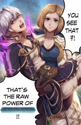 Rule 34 | 1boy, 1girl, absurdres, aura, blue eyes, blue sky, breasts, carrying, cleavage, cloak, commentary, english commentary, english text, evomanaphy, fire emblem, fire emblem heroes, gameplay mechanics, gloves, grima (fire emblem) (male), highres, kiran (female) (fire emblem), kiran (fire emblem), kiran (fire emblem) (female), looking at viewer, meme, nintendo, open mouth, pointing, princess carry, red eyes, robin (fire emblem), robin (male) (fire emblem), sharp teeth, sky, slit pupils, smile, speech bubble, teeth, white hair