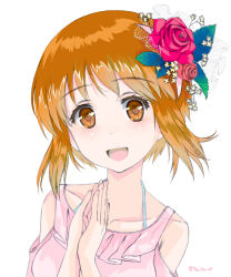 Rule 34 | 1girl, bad id, bad pixiv id, brown eyes, brown hair, casual, clothing cutout, commentary, flower, frilled shirt, frills, girls und panzer, hair flower, hair ornament, halterneck, looking at viewer, nishizumi miho, open mouth, own hands together, pink shirt, portrait, red flower, red rose, rose, shirt, short hair, shoulder cutout, simple background, smile, solo, twitter username, white background, yurikuta tsukumi