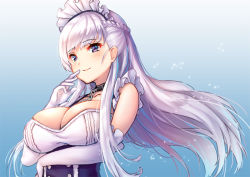 Rule 34 | 1girl, azur lane, bare shoulders, belfast (azur lane), blue background, braid, breasts, chain, cleavage, closed mouth, collar, corset, elbow gloves, french braid, gloves, gradient background, hand on own face, hand up, large breasts, light purple hair, long hair, looking at viewer, maid headdress, pensuke, purple eyes, smile, solo, sparkle, upper body, very long hair, white gloves