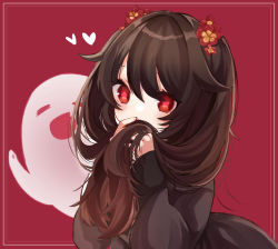 Rule 34 | 1girl, blush, brown coat, brown hair, coat, commentary, flower-shaped pupils, genshin impact, ghost, hair flaps, heart, holding, holding own hair, hu tao (genshin impact), long hair, long sleeves, looking at viewer, ochasuke (corono), red background, red eyes, sidelocks, solo, symbol-shaped pupils, twintails, upper body, very long hair