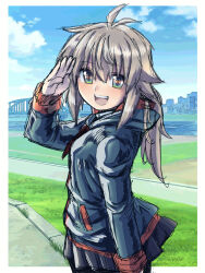 Rule 34 | 1girl, :d, antenna hair, arm up, black jacket, black skirt, blue sky, blush, breasts, brown hair, cloud, commentary request, day, green eyes, hair between eyes, highres, hood, hood down, hooded jacket, jacket, koshirae tsurugi (m.m), long hair, long sleeves, looking at viewer, looking to the side, m.m, open mouth, original, pleated skirt, salute, sketch, skirt, sky, small breasts, smile, solo, teeth, upper teeth only
