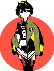 Rule 34 | 1girl, american flag, animal ears, black eyes, black hair, black shirt, cat ears, closed mouth, colored skin, green jacket, idkuroi, jacket, jacket partially removed, kokubunji suou, looking to the side, medium hair, mole, mole under mouth, off shoulder, original, pants, shirt, smile, solo, standing, white skin