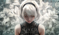 Rule 34 | 1girl, alternate costume, artist name, bare shoulders, black hairband, closed eyes, commentary, english commentary, facing viewer, floral background, flower, hairband, lily (flower), medium hair, mixed-language commentary, mole, mole under mouth, nier:automata, nier (series), nixeu, no blindfold, silver hair, solo, white background, white flower, 2b (nier:automata)