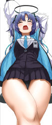 Rule 34 | 1girl, absurdres, aoi tiduru, aqua necktie, arms up, black panties, blue archive, blue hair, blush, breasts, closed eyes, hair ornament, halo, highres, id card, jacket, long hair, medium breasts, miniskirt, necktie, open clothes, open jacket, open mouth, panties, pantyshot, pleated skirt, saliva, simple background, skirt, solo, stretching, tears, thighs, two side up, underwear, white background, white jacket, yawning, yuuka (blue archive)