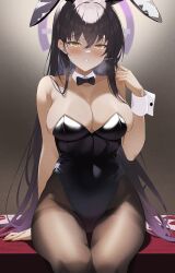 Rule 34 | 1girl, absurdres, alternate costume, animal ears, bare shoulders, black bow, black bowtie, black hair, black leotard, black pantyhose, blue archive, bow, bowtie, breasts, casino card table, cleavage, collarbone, commentary request, conconcon1031, dark-skinned female, dark skin, detached collar, fake animal ears, hair between eyes, hairband, halo, highleg, highleg leotard, highres, karin (blue archive), karin (bunny) (blue archive), large breasts, leotard, long hair, looking at viewer, pantyhose, parted lips, playboy bunny, playing with own hair, rabbit ears, sidelocks, signature, sitting, sleeveless, solo, strapless, strapless leotard, table, wrist cuffs, yellow eyes