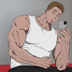 Rule 34 | 1boy, :o, balnom, bara, dark-skinned male, dark skin, elbow rest, facial hair, flexing, goatee stubble, holding, holding phone, large pectorals, male focus, mature male, muscular, muscular male, original, pectorals, phone, short hair, sideburns, sitting, solo, strongman waist, stubble, tank top, thick eyebrows, veins, veiny arms, white tank top, wrinkled skin