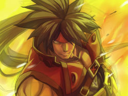 Rule 34 | 1boy, black hair, forehead protector, guilty gear, guilty gear xrd, hair over one eye, headband, long hair, male focus, miruhito (sakiomiruhito), muscular, nose, ponytail, red eyes, sol badguy, solo, spiked hair, upper body