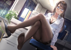 Rule 34 | 1girl, :o, ass, binder, black pantyhose, blue eyes, blush, bra, breasts, brown hair, building, chair, cleavage, collared shirt, commentary request, crossed legs, desk, drawer, dress shirt, dutch angle, feet, female focus, fluorescent lamp, foot focus, from below, frown, glasses, high heels, long hair, looking at viewer, medium breasts, miniskirt, night, night sky, office chair, office lady, open clothes, open shirt, original, pantyhose, plant, sakamuke, screen, shirt, shoe dangle, shoes, single shoe, sitting, skirt, sky, skyscraper, soles, solo, sticky note, swivel chair, teeth, thighs, underwear, white shirt, window