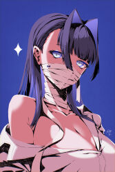 Rule 34 | 1girl, bandages, blue eyes, blue hair, bow, breasts, cleavage, commentary, covered mouth, dress shirt, hair intakes, highres, hololive, hololive english, large breasts, long hair, looking at viewer, off shoulder, ouro kronii, shirt, solo, sparkle, symbol-only commentary, taka t, upper body, virtual youtuber