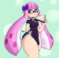 Rule 34 | 1girl, artist name, bow, breasts, china dress, chinese clothes, dress, flauschdraws, folding fan, hair bow, hand fan, inkling player character, looking to the side, nintendo, pink eyes, pointy ears, purple bow, small breasts, solo, splatoon (series), tentacle hair, thick thighs, thighs, wide hips