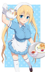 1girl apron blend_s blonde_hair blue_eyes blue_shirt blush breasts commentary_request cup eniraka food frilled_apron frills gloves hair_between_eyes head_scarf highres hinata_kaho holding holding_teapot holding_tray large_breasts long_hair looking_at_viewer pancake shirt short_sleeves solo stile_uniform teacup teapot thighhighs tray twintails waist_apron waitress white_apron white_gloves white_thighhighs