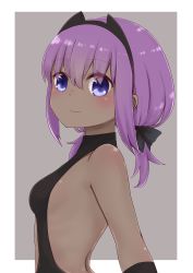 Rule 34 | 1girl, alternate hair length, alternate hairstyle, bare shoulders, black bodysuit, black bow, blush, bodysuit, bow, breasts, closed mouth, dark-skinned female, dark skin, fate/prototype, fate/prototype: fragments of blue and silver, fate (series), from side, grey background, hair between eyes, hair bow, hassan of serenity (fate), highres, i.u.y, long hair, looking at viewer, looking to the side, low twintails, purple eyes, purple hair, small breasts, smile, solo, twintails, two-tone background, upper body, white background