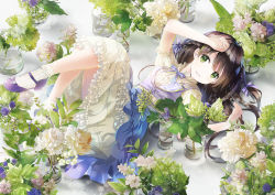 Rule 34 | 1girl, artist name, black hair, bow, braid, commentary request, dress, eyebrows, flower, full body, glass, green eyes, hair ribbon, hand on own head, highres, leaf, long hair, looking at viewer, lying, naruse chisato, on back, original, puffy short sleeves, puffy sleeves, ribbon, short sleeves, side braids, smile, socks, solo, striped ribbon, tress ribbon, twin braids, water, white flower