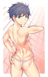 Rule 34 | 10s, 1boy, ass, blue eyes, blue hair, contrapposto, from behind, fundoshi, hand on own hip, idolmaster, idolmaster side-m, japanese clothes, looking at viewer, looking back, male focus, male underwear, nayoshi (r-744), outside border, rokushaku fundoshi, smile, solo, standing, taiga takeru, toned, underwear, white male underwear