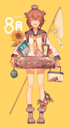Rule 34 | 1girl, :d, ^ ^, blush, book, boots, brown hair, butterfly net, closed eyes, dated, dress, flower, food, fruit, full body, goggles, hair between eyes, hair flower, hair ornament, hand net, headgear, ink stamp sheet, innertube, insect cage, kantai collection, neckerchief, open mouth, rhinoceros beetle, rom (romshiro), sailor dress, short hair, simple background, smile, solo, summer, sunflower, swim ring, water balloon, watermelon, wind chime, yellow background, yukikaze (kancolle)