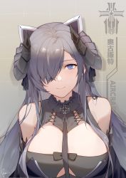 Rule 34 | 1girl, absurdres, august von parseval (azur lane), azur lane, bare shoulders, black neckwear, black sleeves, blue eyes, breasts, broken (7589468), character name, cleavage, clothing cutout, curled horns, detached sleeves, gradient background, grey hair, hair over one eye, highres, horns, iron blood (emblem), large breasts, long hair, looking at viewer, mechanical horns, shadow, simple background, solo, underboob cutout, upper body, very long hair