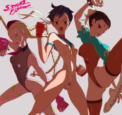 Rule 34 | 3girls, adapted costume, boots, bracelet, braid, breasts, bun cover, cammy white, capcom, chun-li, cleft of venus, clenched hands, covered erect nipples, double bun, female focus, female pubic hair, fighting stance, fingerless gloves, freckles, garrison cap, gloves, hair bun, hat, headband, highleg, highleg leotard, jewelry, kasugano sakura, leotard, long hair, md5 mismatch, moke-re-mubenbe, multiple girls, necktie, nipples, pubic hair, pussy, resolution mismatch, sailor collar, see-through, short hair, skin tight, small breasts, source larger, spiked bracelet, spikes, standing, standing on one leg, street fighter, thighhighs, thong leotard, twin braids, twintails, uncensored